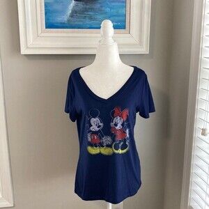 Disney Mickey and Minnie Navy Vneck T-shirt Size Large